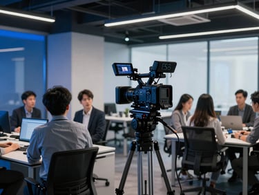 Behind-the-scenes shot of a corporate video shoot, camera focused on a diverse team collaborating in a modern office, sleek corporate photography, dramatic high-contrast studio lighting, deep shadows with electric blue accents, sharp focus, 35mm