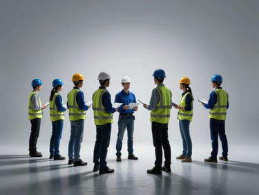 Still from an employer branding video, showing a construction team working safely and efficiently on site, sleek corporate photography, dramatic high-contrast studio lighting, deep shadows with electric blue accents, sharp focus, 35mm.
