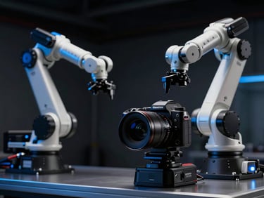 Professional camera setup in an industrial factory setting, robotic arm in background, blue light accents, sleek corporate photography, dramatic high-contrast studio lighting, deep shadows with electric blue accents, sharp focus, 35mm