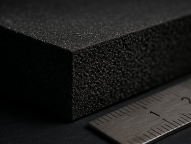 Extreme close-up of a freshly cut neoprene sheet showing the dense closed-cell foam cross-section, sharp workshop lighting, ruler visible at edge to indicate material thickness, black and charcoal tones