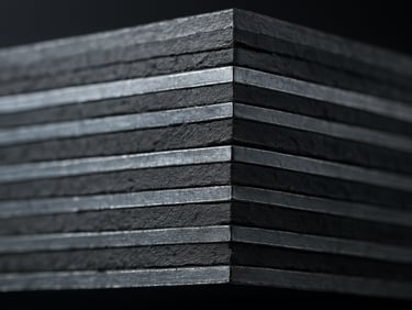 Extreme close-up of a laminated elastomeric bridge bearing showing alternating rubber and steel plate layers in cross-section, harsh site lighting revealing precise layer thickness, steel-gray tones