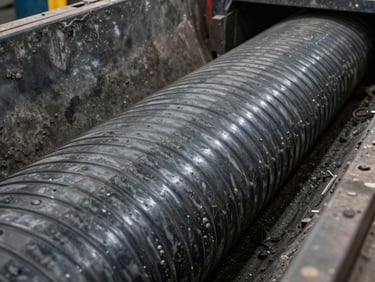 Wide close-up of a rubber conveyor belt liner installed inside a mining chute, harsh industrial lighting showing the ribbed anti-wear surface under real load conditions, dark gray and black tones