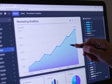 A sleek digital marketing analytics dashboard showing positive growth charts, conversion rates, and revenue metrics in shades of purple and light blue.