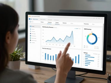 Over-the-shoulder shot of a digital marketing analyst examining a multi-channel revenue dashboard on a large monitor, cool studio lighting, modern office setting.