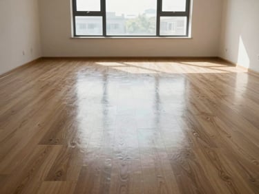 Straight-on architectural shot of a freshly laid, perfectly flush vinyl floor in an empty, dust-free room with bright daylight streaming through a large window, emphasizing clean edges and sharp lines.