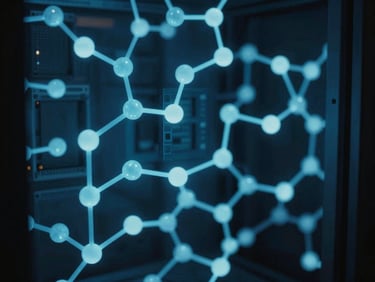 Close-up of intricate abstract quantum lattice diagram, glowing with cool blue light, deep shadows, 35mm lens.