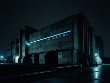 Wide panoramic brutalist concrete architecture housing a data center, with blue status LEDs visible through a narrow slit, low-key cool blue lighting, deep shadows, imposing architectural angles, 35mm lens.