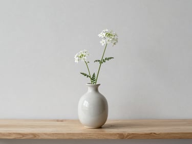 A single white wild flower in a delicate ceramic vase on a light wood ledge, soft diffused overcast daylight, 35mm