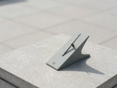 A minimalist close-up of a sundial casting a sharp shadow on light stone, clean composition, soft daylight, 35mm