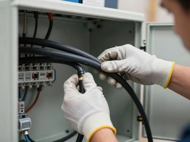 Electrician hands in work gloves routing thick black conduit into an open residential electrical panel, bright overhead workshop lighting, focus on the cable entry and neat wire arrangement inside the panel box, no faces visible