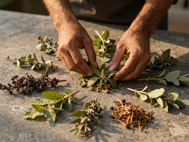 Hands arranging fresh Ayurvedic herbs on a stone surface, golden-hour light falling sideways across the arrangement, botanical textures visible, no faces