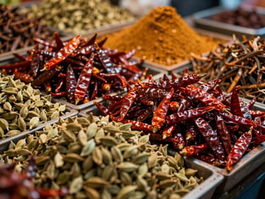 Extreme close-up of spice market detail — dried red chillies and cardamom pods arranged in a shallow basket, warm ambient light from above, Kerala market, no people in frame