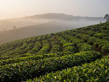 Wide landscape — early morning mist over Kerala hill tea estate, rows of low tea bushes receding into soft fog, golden diffuse light from the left edge, a single narrow path cutting through the middle distance, no people