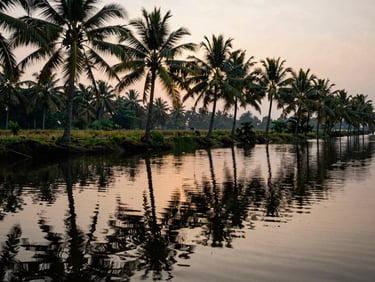 Water reflection of coconut palms on a still Kerala canal, golden-hour light broken into shards on the surface, low horizon, no sky visible, contemplative mood