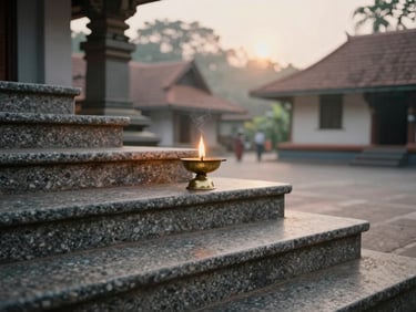 Morning light on temple granite steps, a single brass oil lamp burning at the edge of frame, soft overcast glow, Kerala temple courtyard, no faces