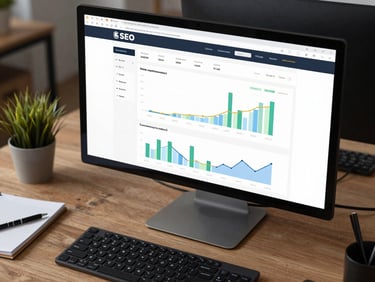 Website optimization dashboard displayed on a monitor, SEO metrics and site performance graphs visible, overhead desk environment with keyboard and notebook, soft office lighting