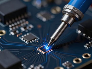 Extreme close-up of a soldering iron tip applying silver solder to a microscopic copper wire trace on a dark circuit board, blue sparks, high-tech lab