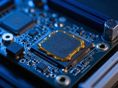 A close-up of a game console motherboard with dried thermal paste on the main chip, dramatic blue lighting, technical workbench setting