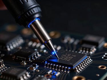 Extreme close-up of a precision soldering iron tip touching a micro-chip on a dark circuit board, dramatic low-key lighting with sharp electric blue rim highlights, metallic textures, 50mm lens