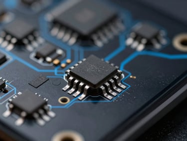 Macro shot of a tiny power management integrated circuit on a smartphone logic board, microscopic soldering probes nearby, dark background with blue accents