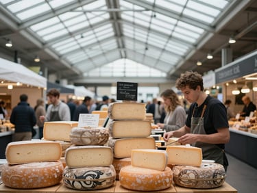 A bustling modern food market hall, artisanal cheese stall, clean daylight filtering through glass roof
