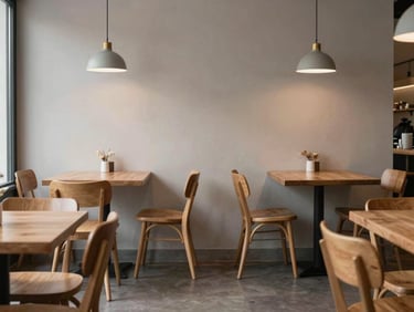 Softly lit interior of a minimalist Scandinavian restaurant, empty wooden chairs, natural light