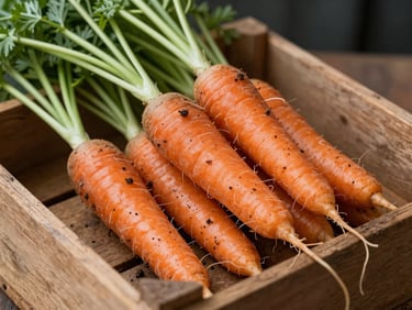 Close-up of freshly harvested organic carrots with soil still on them, lying on a rustic wooden crate