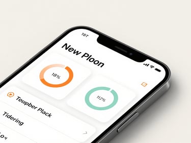 Close-up of a mobile app interface on a screen — clean UI panels, data visualizations, crisp typography — under flat studio lighting, no device mockup, product centered against off-white background