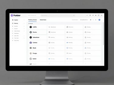 A web product interface displayed full-screen on a desktop monitor — dashboard or content site with structured layout, clean grid, readable typography — flat studio lighting, direct screen capture perspective