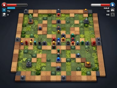 Top-down gameplay screenshot of a 2D strategy game showing a tile-based map with visible terrain grid, UI health bars, and unit icons on a dark background, clean studio capture