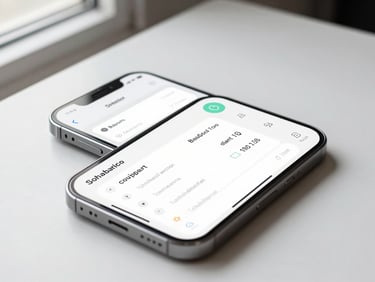 Close-up overhead view of a mobile app interface on a clean white desk, the screen showing a structured data dashboard with clear typography and minimal UI elements, natural window light from the left