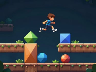 Side-scrolling platformer game screenshot showing a character mid-jump over geometric obstacles, vibrant level geometry against a deep background, clean capture with no HUD clutter