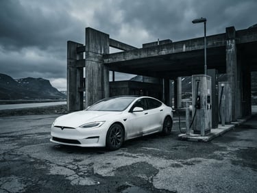 Cinematic wide-angle shot of a white electric sedan charging at a brutalist concrete station under dramatic overcast sky