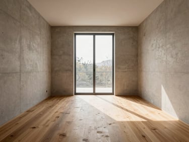 Minimalist interior of a living room with raw concrete walls, warm oak flooring, soft natural daylight streaming through a large window