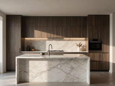 Interior view of a modern kitchen with a large marble island, minimalist dark wood cabinetry, soft morning light, realistic proportions