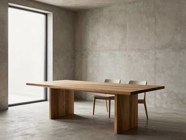 Minimalist dining room with warm oak table, concrete walls, soft natural light streaming through a large window, realistic proportions