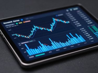 Angled profile of an Android tablet displaying a complex financial dashboard with electric blue data trails, shallow depth of field, sleek dark-mode technology photography