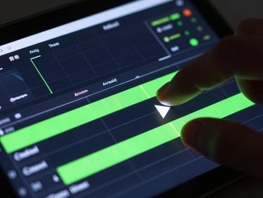 Extreme close-up of a physical Android screen showing a dark-mode video editing timeline, vibrant neon green playhead, hands interacting with the glass, dramatic neon edge-lighting