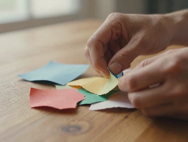 Close-up of hands tearing colorful textured paper into raw, unpolished shapes on a wooden table.