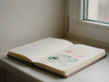 A quiet corner of a room with soft morning light illuminating a simple sketchbook with gentle watercolor washes.