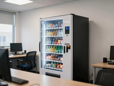 Office break room with a full-height vending machine against a white wall, stocked with beverages and snacks, overhead fluorescent and natural window light, no people, tidy countertop visible