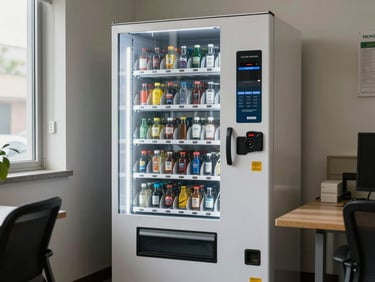 Compact single-column vending machine in a small office break room, daylight balanced lighting, machine fully stocked, tight frontal framing showing full unit height