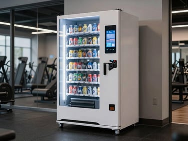 Standard double-column vending machine in a gym lobby, rubber flooring visible, machine interface lit with touchscreen, studio strobe clarity on product rows behind glass