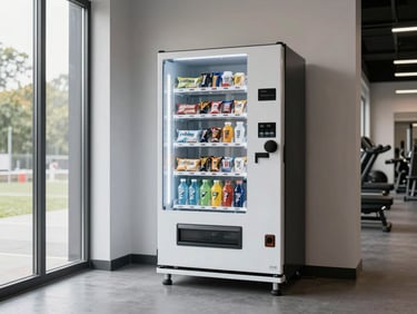 Wide shot of a modern gym corridor with a vending machine stocked with protein bars and sports drinks along the wall, natural light from high windows, no people, clean floor
