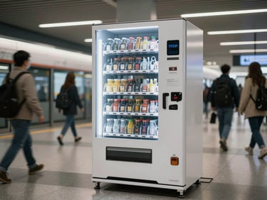 Large high-capacity vending machine in a transit hub hallway, commuter foot traffic blurred in background, machine front in sharp focus, overhead ambient lighting, machine fully loaded