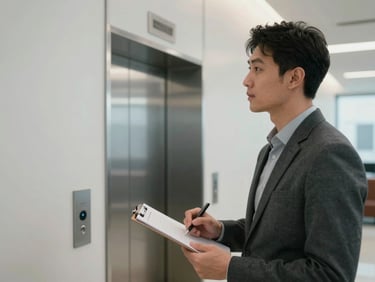 Close-up of a technician with a clipboard standing in a building lobby, reviewing a wall space near an elevator bank, natural ambient lighting, industrial clean environment, no people in background