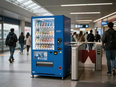 Transit hub corridor with a vending machine positioned beside a turnstile entrance, commuters blurred in background, daylight from skylights, bold blue machine livery visible