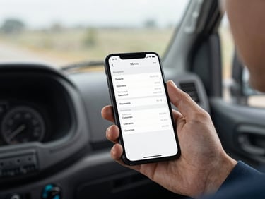 A close-up shot of a contractor's hand holding a smartphone in a truck cabin, displaying a clean mobile app interface with extracted receipt details, natural overcast daylight, 35mm