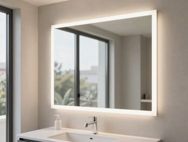 Bespoke designer mirror with crisp backlit LED illumination in a luxury washroom, bright natural daylight.