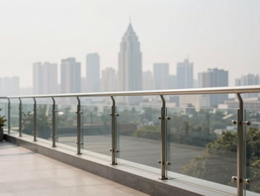 Sleek glass railing system installed on an outdoor terrace overlooking Mumbai skyline, diffused daylight.